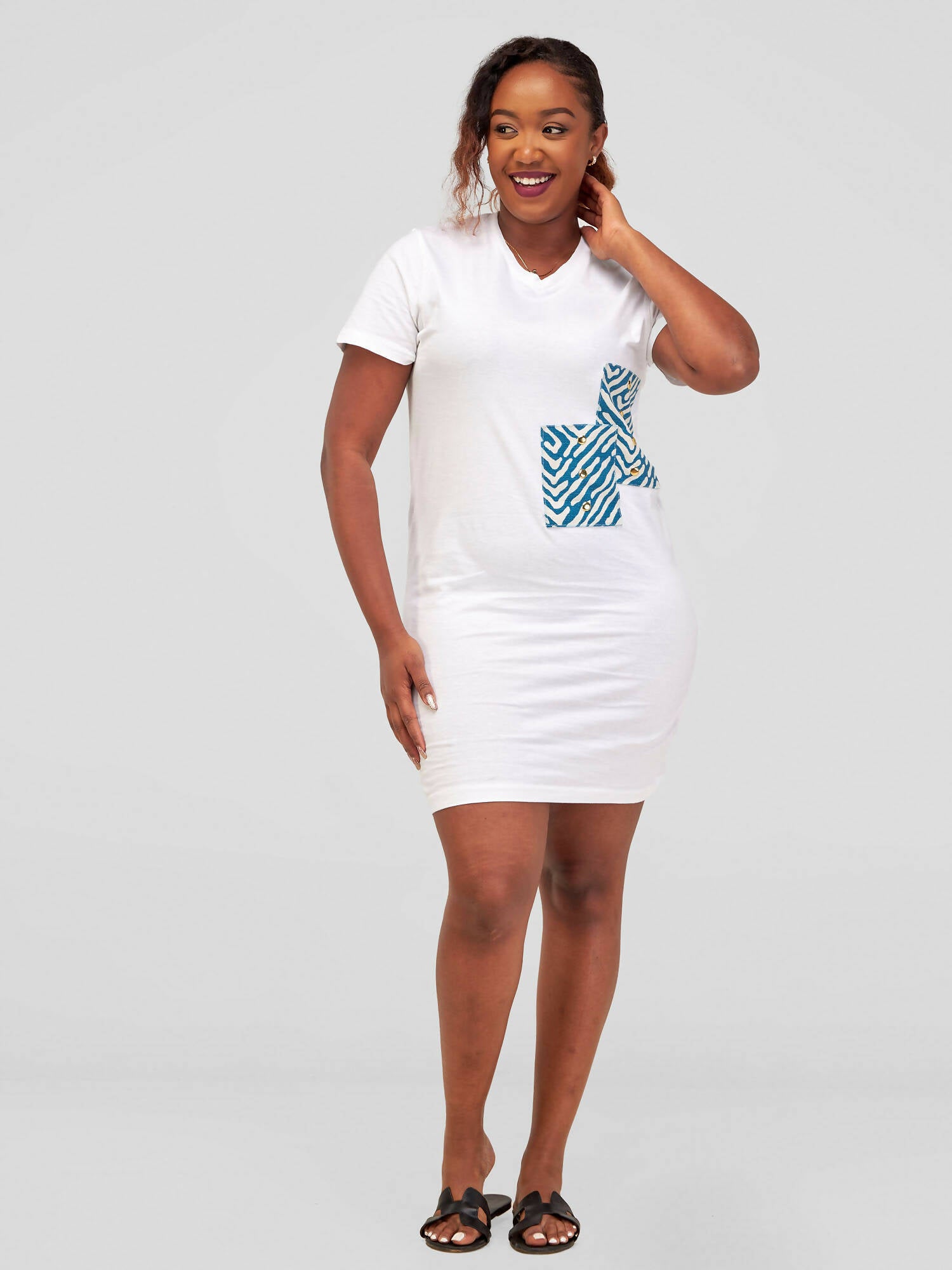 Vazi Afriq Cotton Jersey Blue - Patched Dress - White