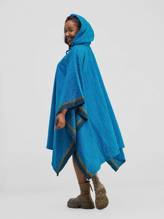 Liquid Lemn Tribal Print Poncho With Hoodie - Blue / Yellow