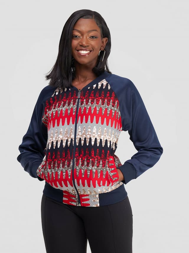 Nana Bomber Jacket - Navy Blue / Red Print