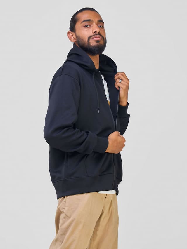 Round Neck with Zip Hoodie - Black