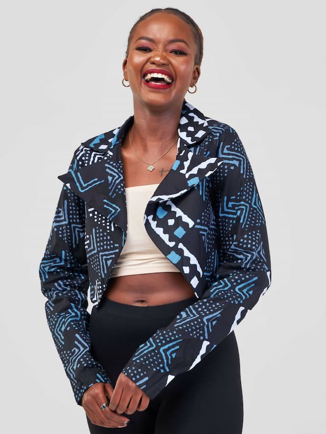 Almasi African Print Crop Jacket - Navy Tribal Print