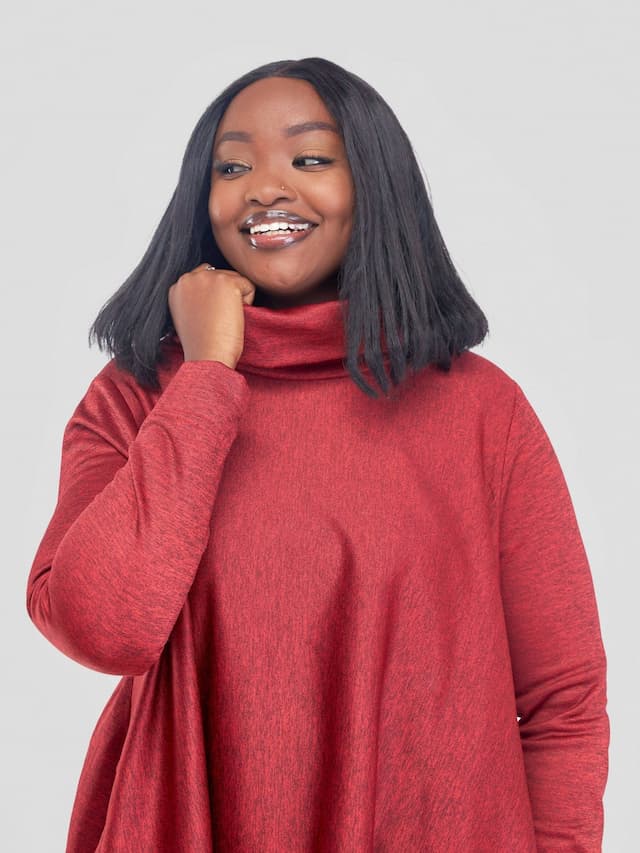 Khay Designs Fleece Dress With Ankara Pockets - Brick Red