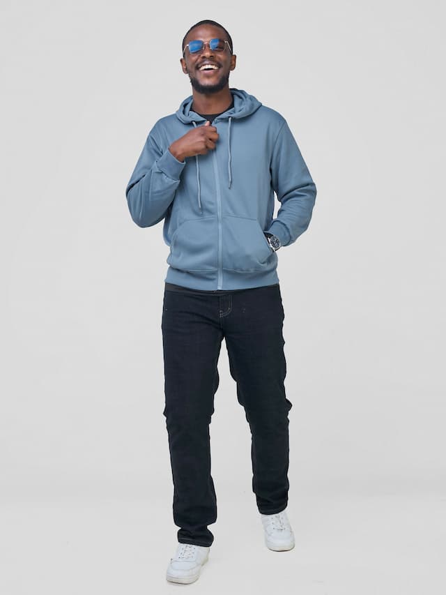 Round Neck With Zip Hoodie - Stone Blue