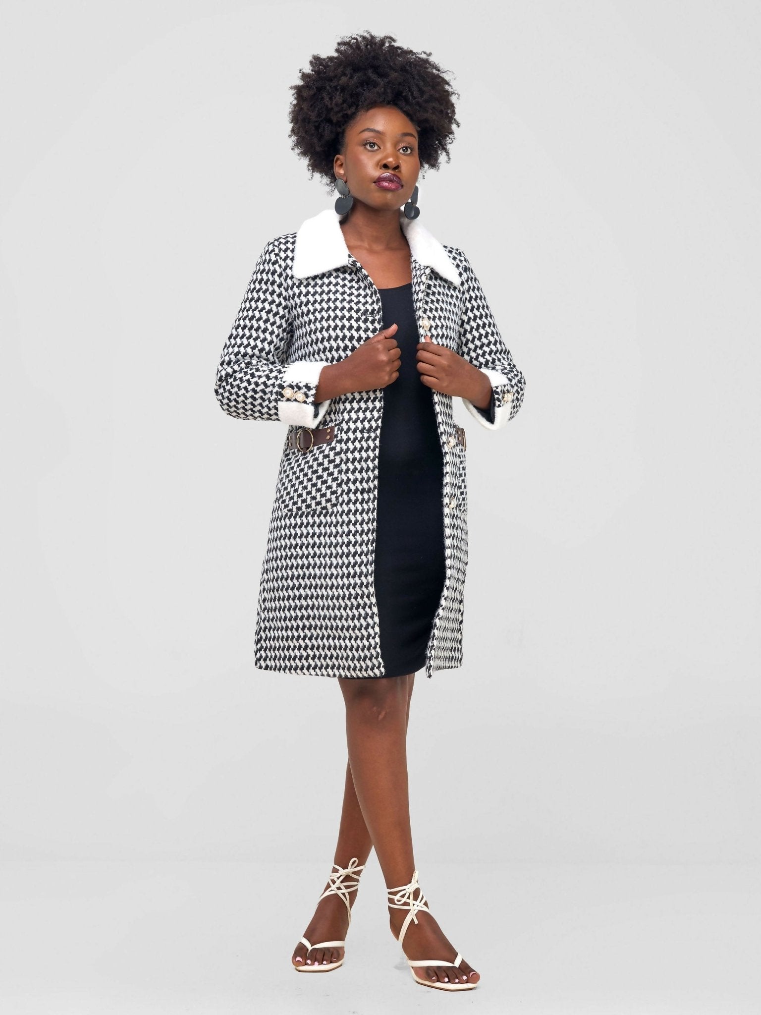 Stylish Sisters Houndstooth Trenchcoat Jacket - Black / White