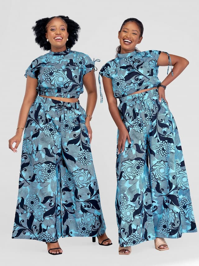 Beqss Tess Wide Leg Pants Set - Aqua Print