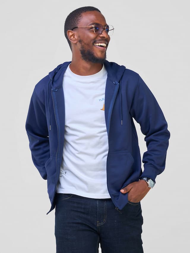 Round Neck With Zip Hoodie - Navy