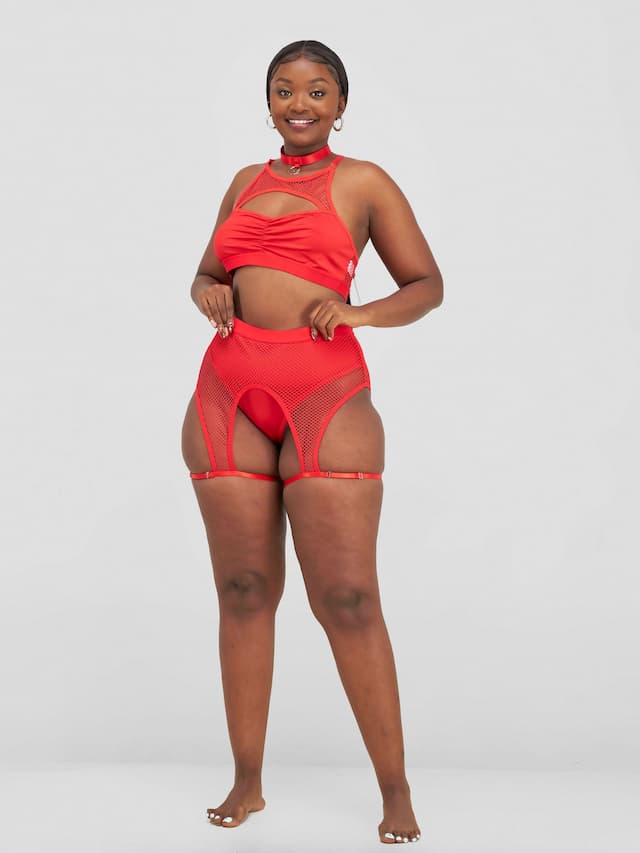 Women Fishnet Sexy Lingerie Set - Red
