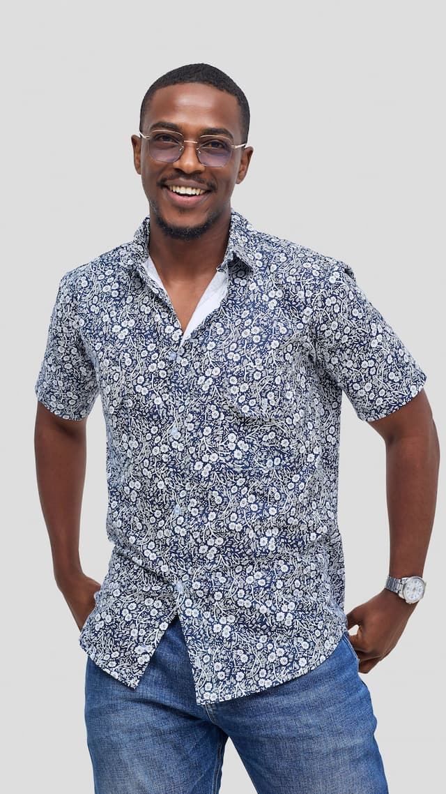 Vazi Afriq Cotton Shirt - Navy Blue / White