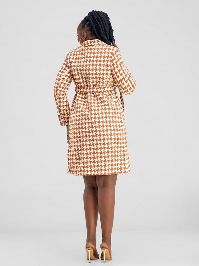 Stylish Sisters Houndstooth Trench - Coat Jacket - Orange / White