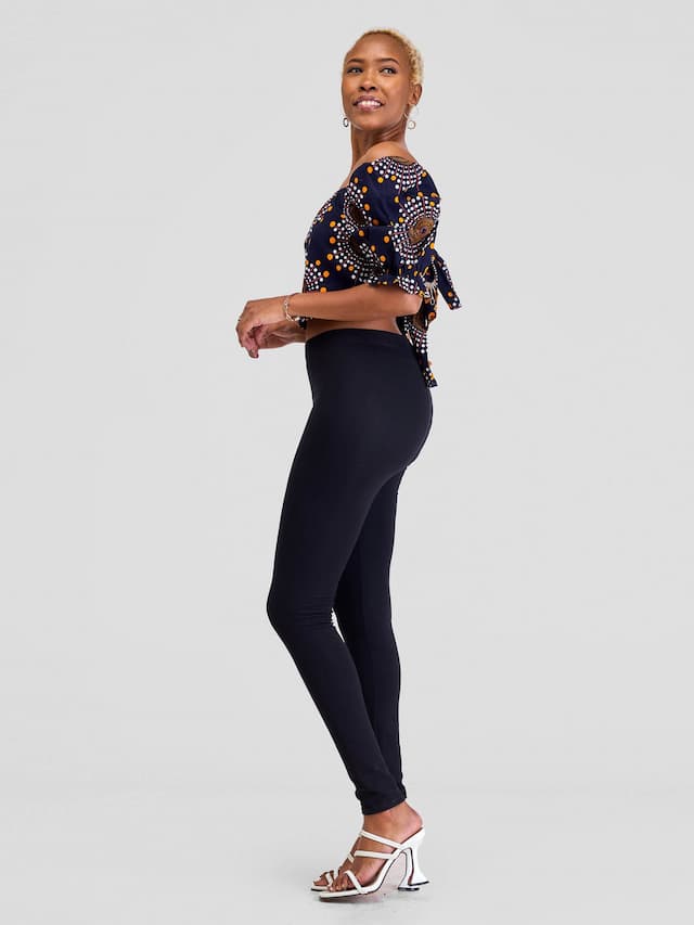 Safari Anga Puffy Short Sleeve Tie Top - Navy Blue / Orange / White Ankara Print