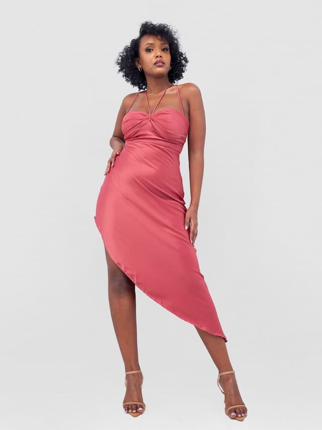 Long Strappy Satin Dress with Pleated Bust - Blush Pink