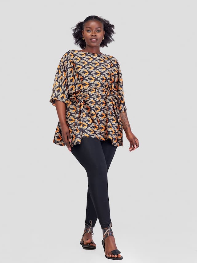 Vivo Jamila Kaftan Top - Brown / Orange Abstract Print
