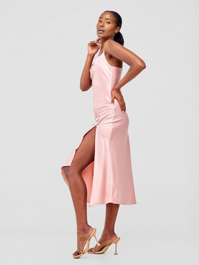 Satin Slip Dress With Side Buttons - Baby Pink