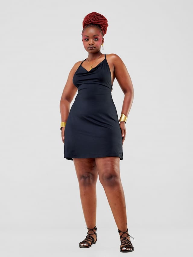 Zoya Party Cowl Bare Back Mini Dress - Black