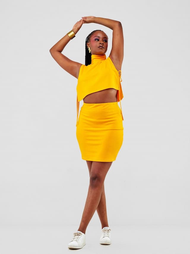 Zoya Party Turtle Neck Midriff Top - Safron