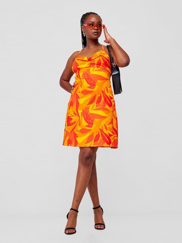 Zoya Party Cowl Bare Back Mini Dress - Safron / Mustard Waridi Print