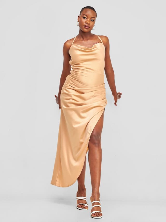 Backless Strappy Satin Dress  With High Side Slit - Tan