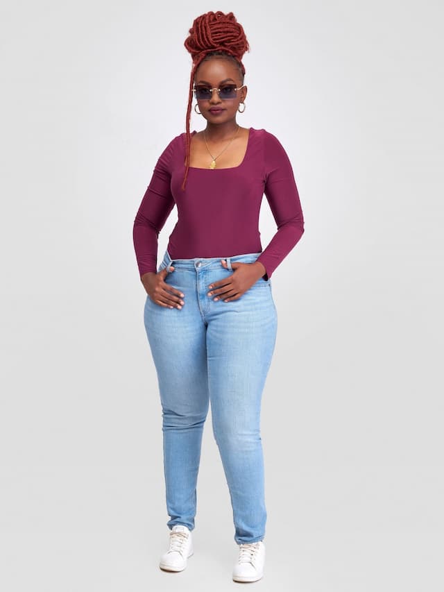 Long Sleeve Double Layered Square Neck Bodysuit - Wine