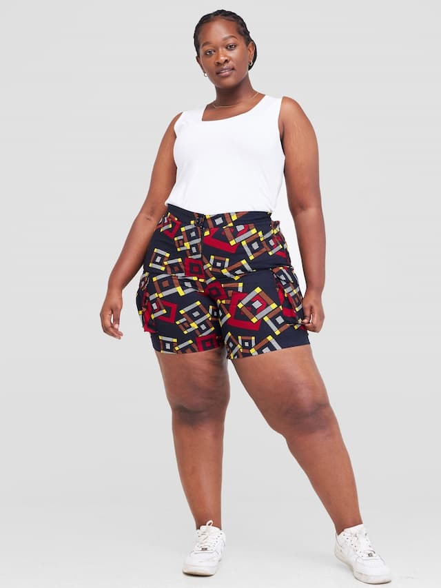 Safari Anga Wide Shorts - Navy Blue / Orange Ankara Print