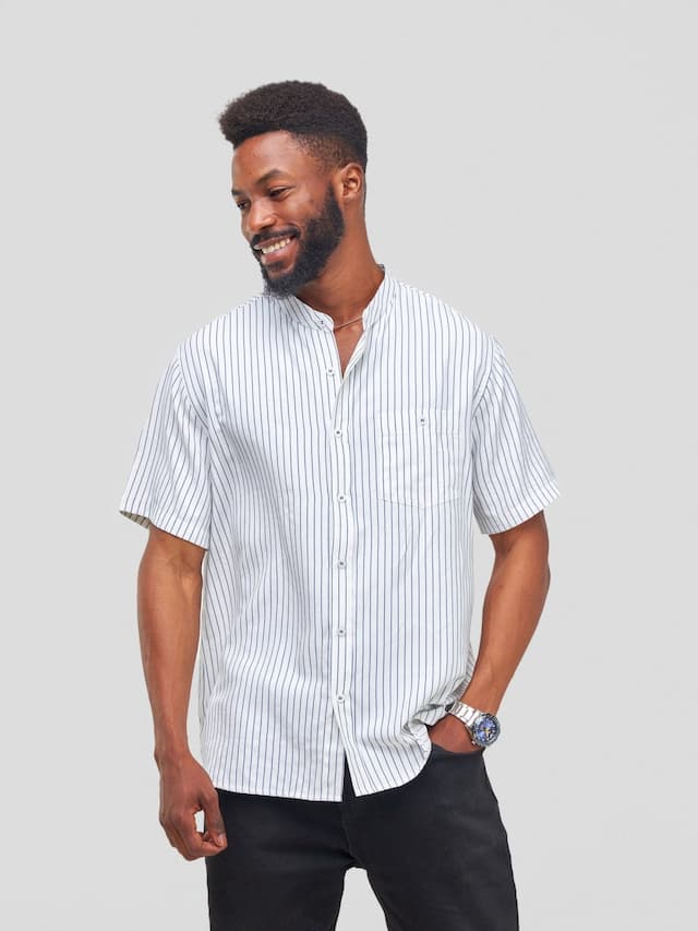 Mandarin Button Down Stripped  Shirt - Blue