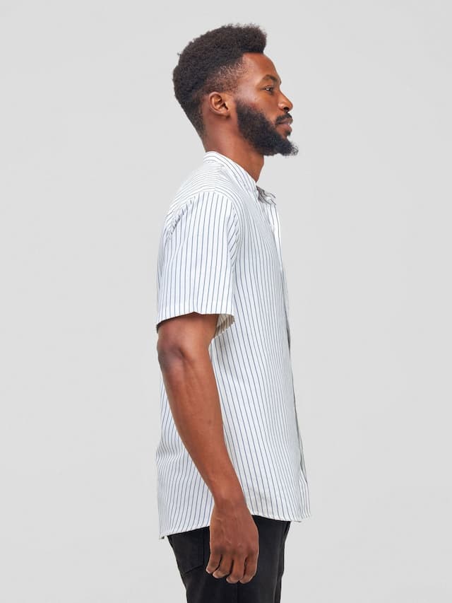 Mandarin Button Down Stripped  Shirt - Blue