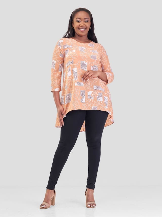 Vivo Luna 3/4 Sleeve High Low Top - Coral / White Floral Print