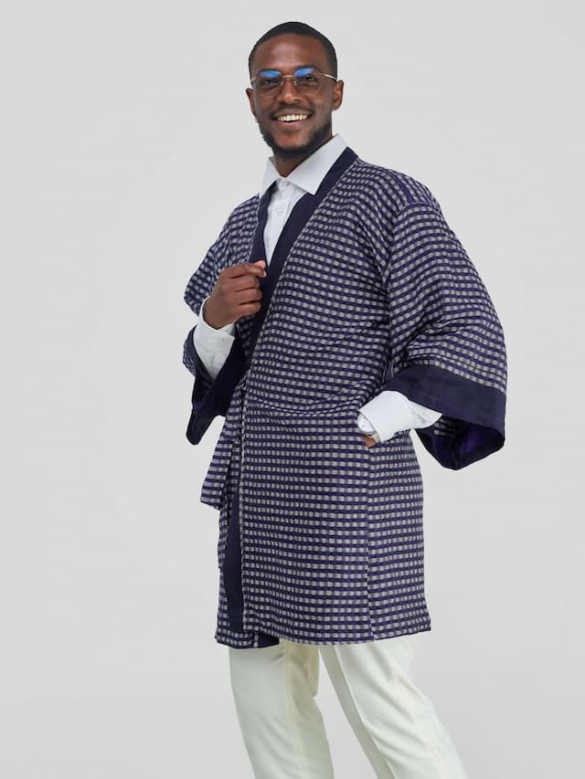 Checkered Weave Wrap Kimono - Purple
