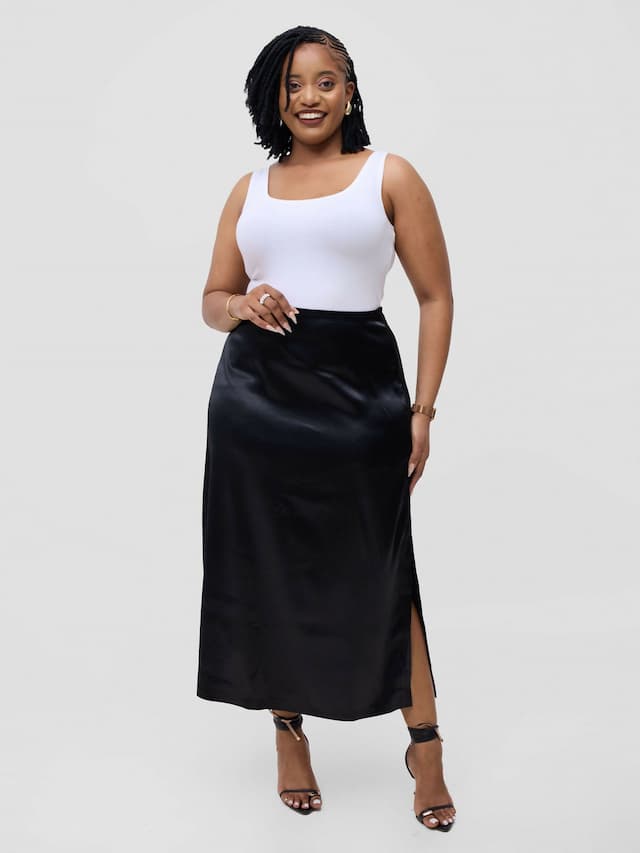 Pure Buxom Satin Slip Skirt - Black