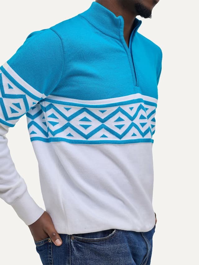 Kali Men Knitwear Half-Zip Sweater - Teal / White