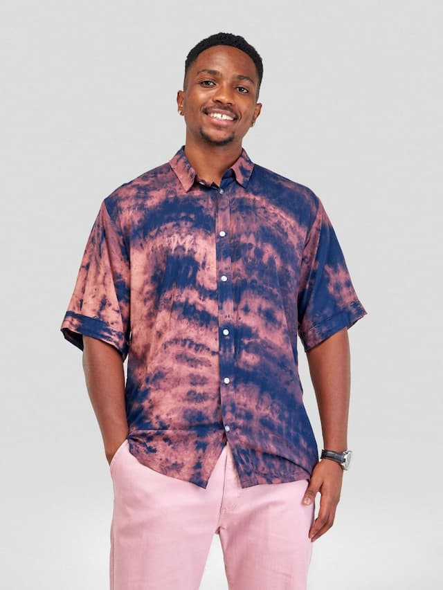 Vazi Afriq Tie & Dye Normal Collar Shirt - Navy Blue Bleach