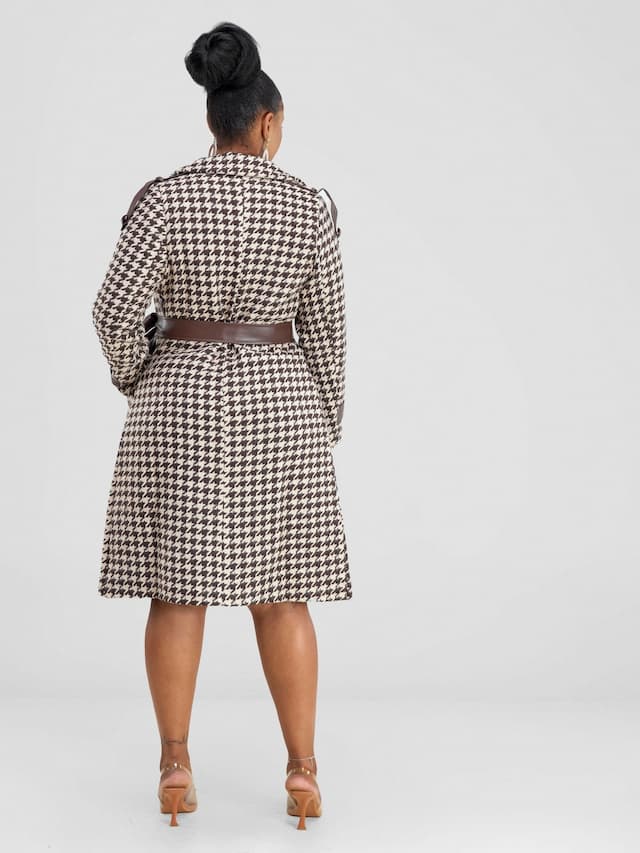 Stylish Sisters Houndstooth Trench-Coat Jacket - Brown / White