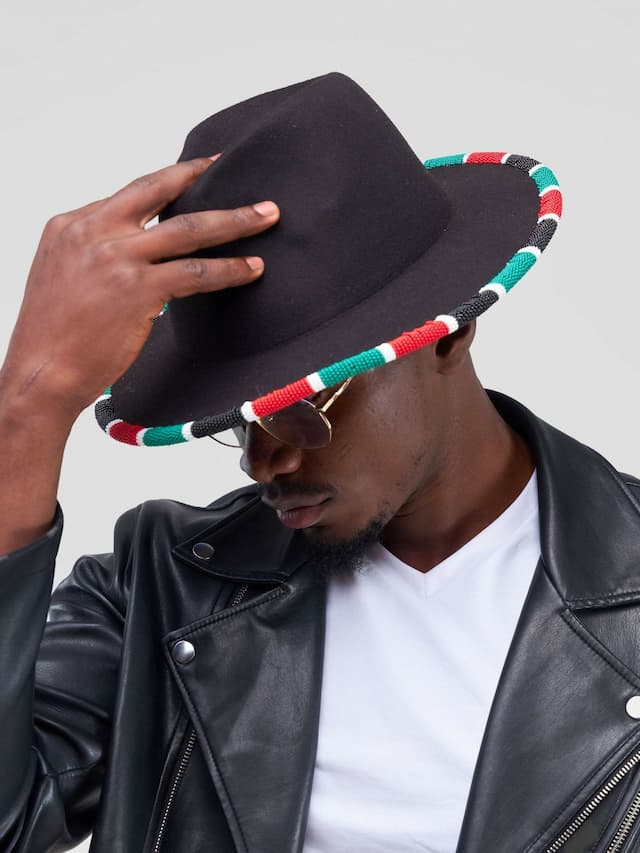 Umbo Colllections Beaded Fedora Hat - Black Kenyan Flag