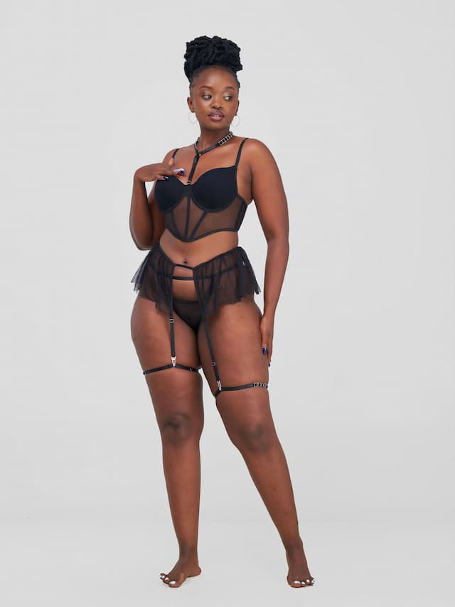 Mesh Lace Ruffled with Fishbone Bra and Sheer Pant Lingerie Set - Black