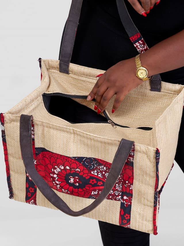 Jute Tote Bag - Beige / Red Print