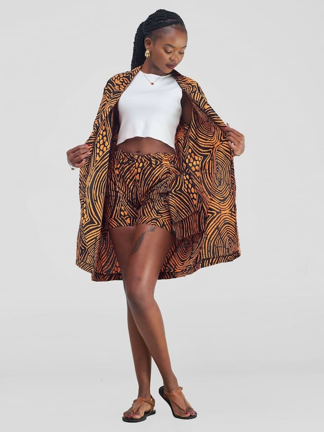 Amelia African Print Short Kimono Set - Mustard Print