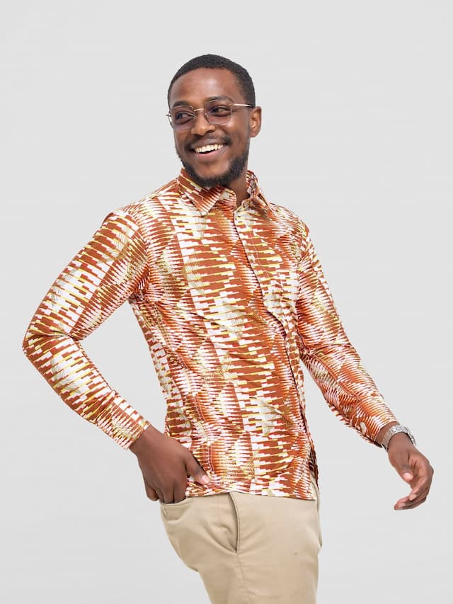 Mendilines Warm African Shirt - Brown / Orange Print