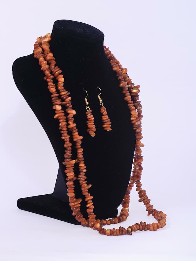 Double Layered Ceramic Beads Necklace Set - Brown