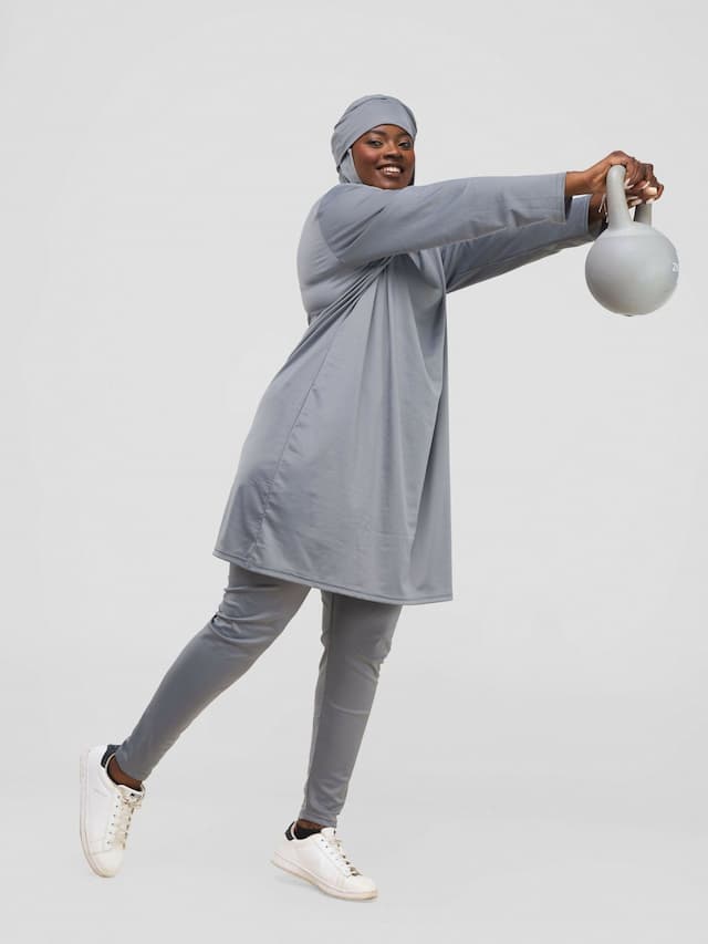 Modest Workout Hooded Tunic Top & Legging Set - Grey