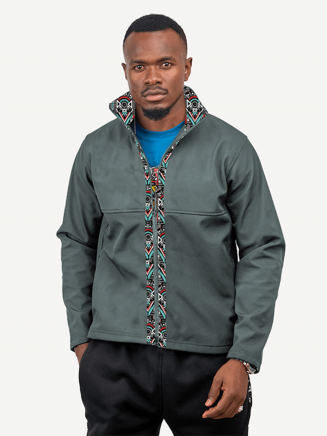 Kitu Kali Men's Softshell Full Sleeve Jacket - Grey Tribal