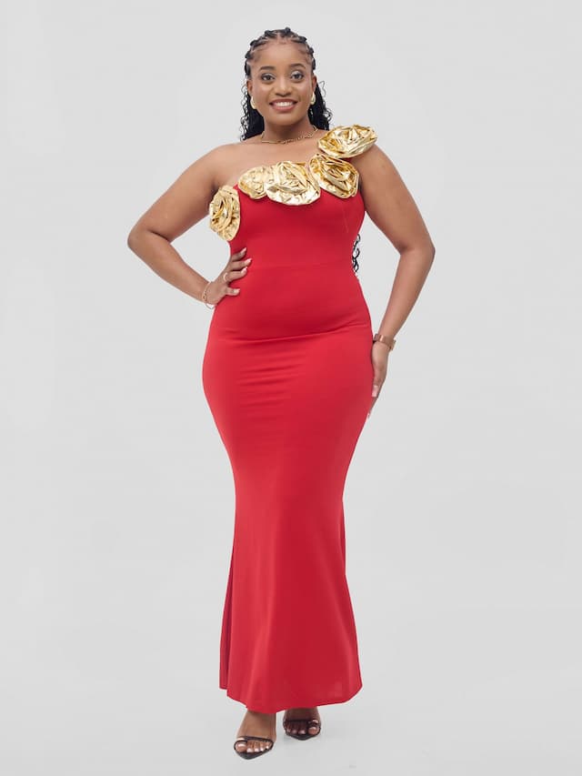 Stylish Sisters Gold Roses Bodycon - Red / Gold