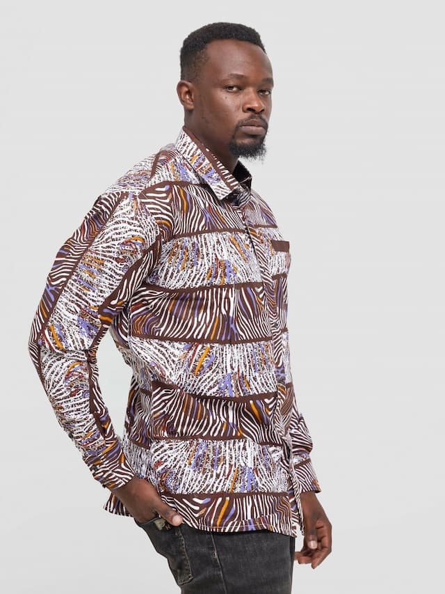 Mendilines Warm African Shirt - Brown / Purple Print