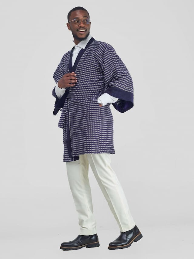 Checkered Weave Wrap Kimono - Purple