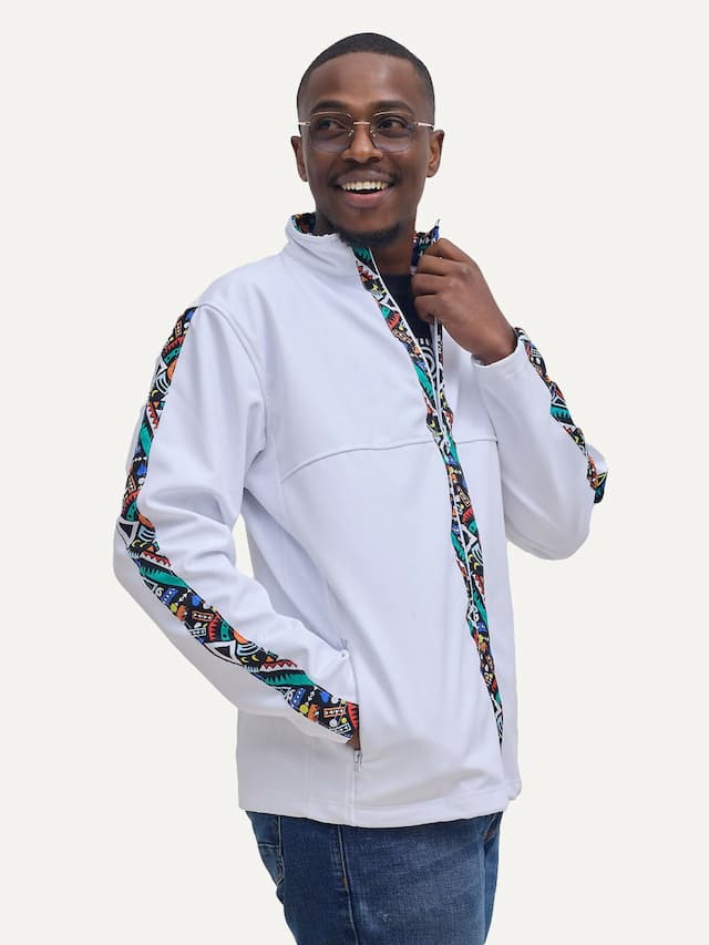 Kitu Kali Men's Softshell Full Sleeve Jacket - White / Blue Tribal