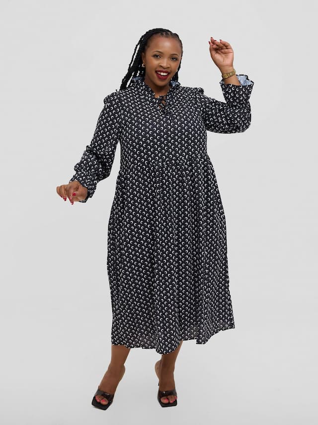 Hessed Polka Dot Ruffle Flare Sleeve Beled Chiffon Dress - Black