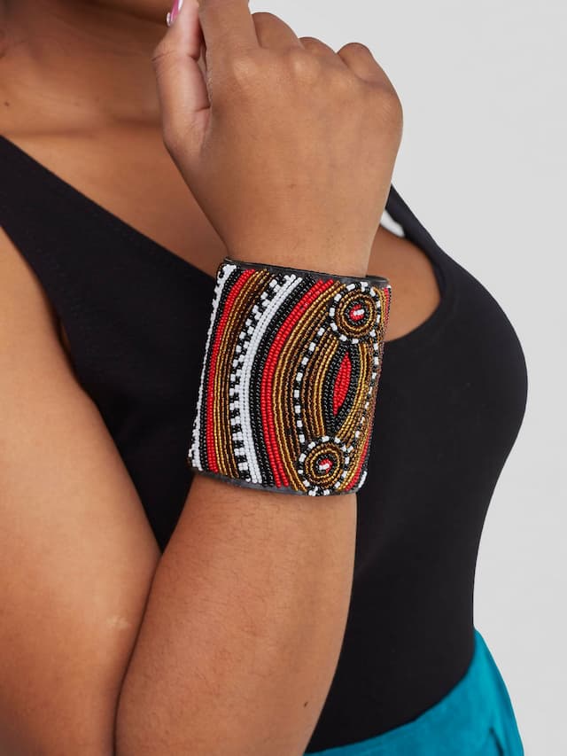 Wide Colored Leather Bangle - Red / Black