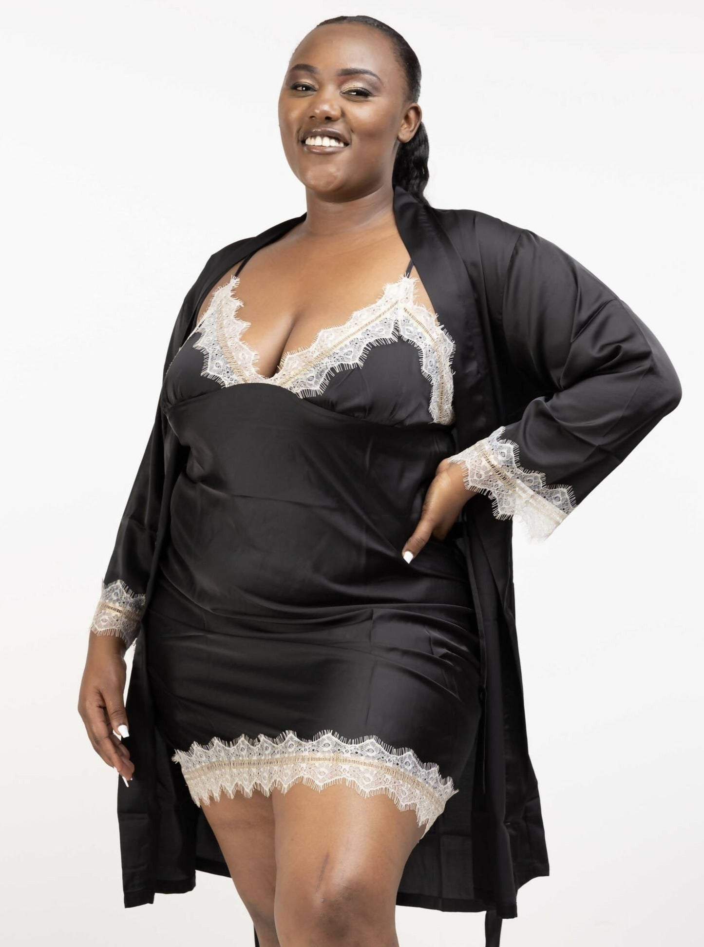 Intimates Kenya Satin Lace Splice Sexy Women Two-piece Home Pajamas - Black