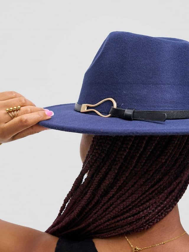 Umbo Collections Beaded Brooch Fedora Hat - Navy Blue