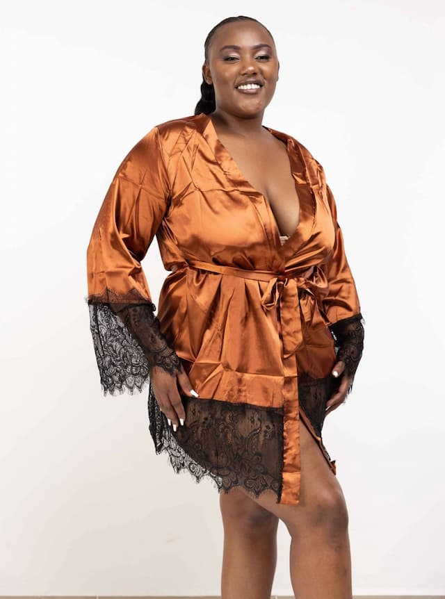 Intimates Kenya Eyelash Lace Night Silk Long Sleeves Sleepwear with G String - Brown