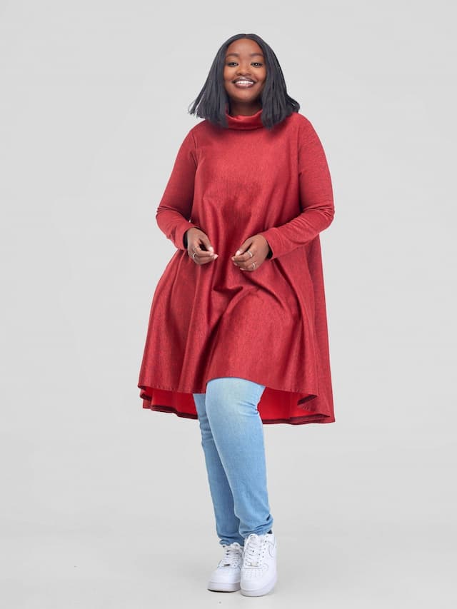 Khay Designs Fleece Dress With Ankara Pockets - Brick Red