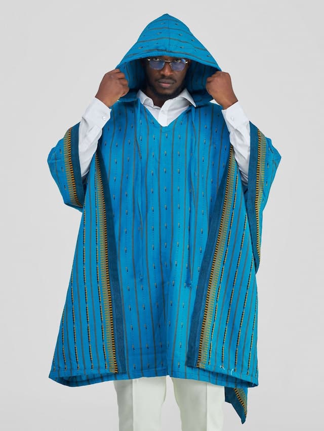 Tribal Print Poncho With Hoodie - Teal